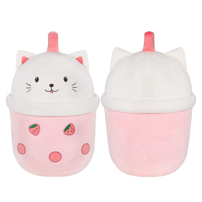 Mmguai 14 Inch Boba Tea Strawberry Cat Plush Pillow - Soft Hugging Toy for Kids & Decor