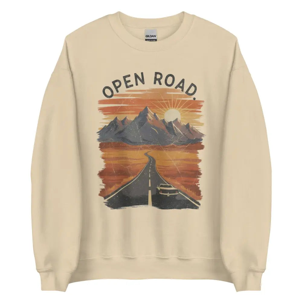 Vintage desert highway mountain crewneck sweatshirt with open road graphic