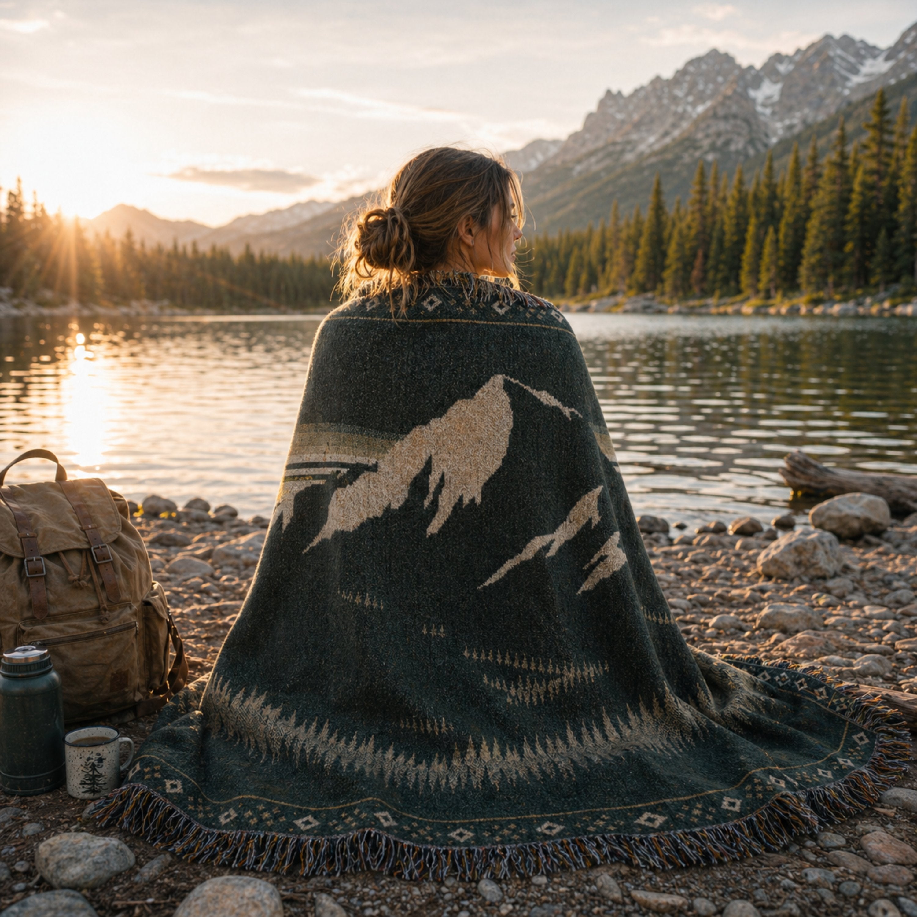 Aspen Veil woven throw folded at a river's edge — full alpine mountain pattern and multicolor fringe detail"