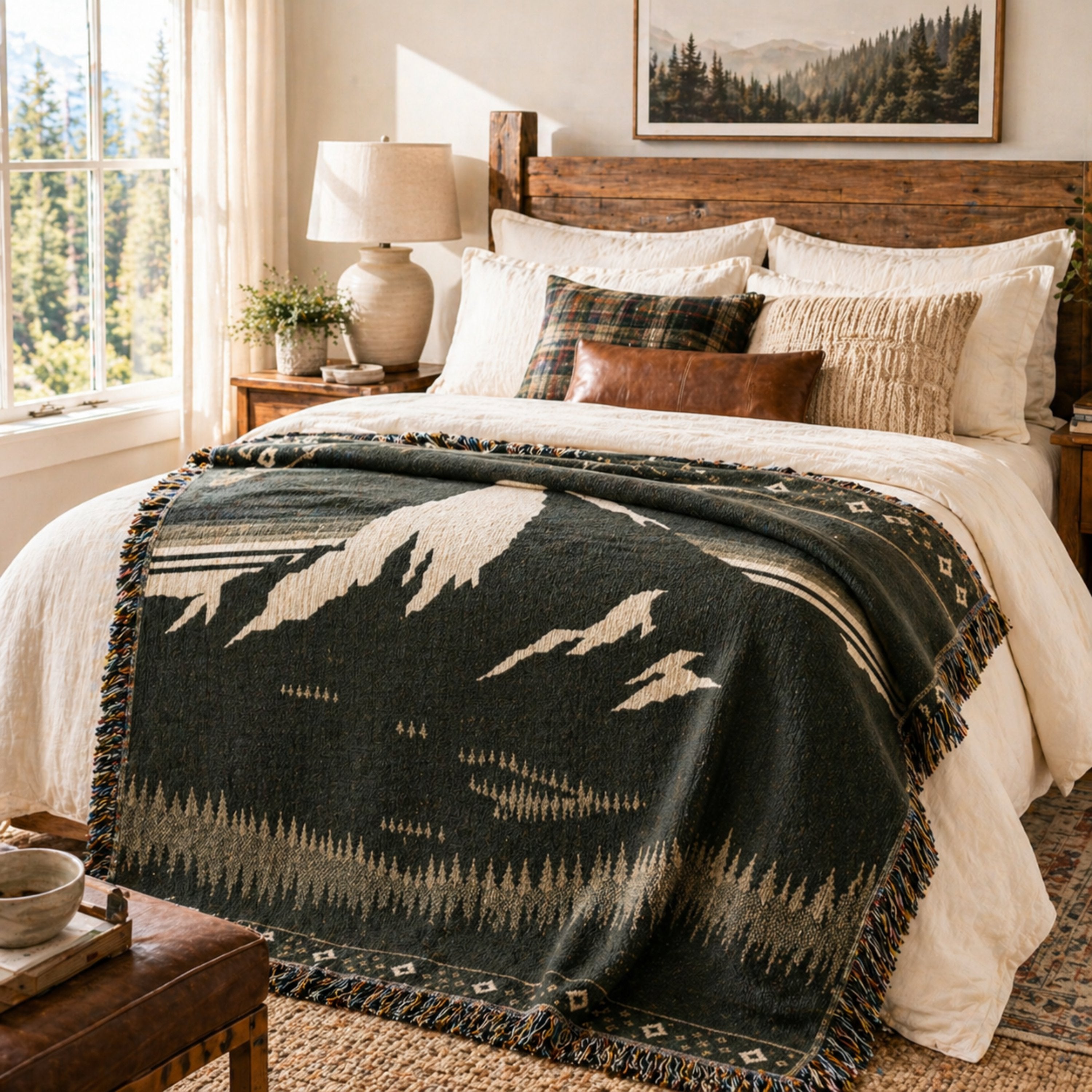 Aspen Veil throw draped over a bed in a neutral bedroom — alpine mountain jacquard woven blanket in charcoal and ivory