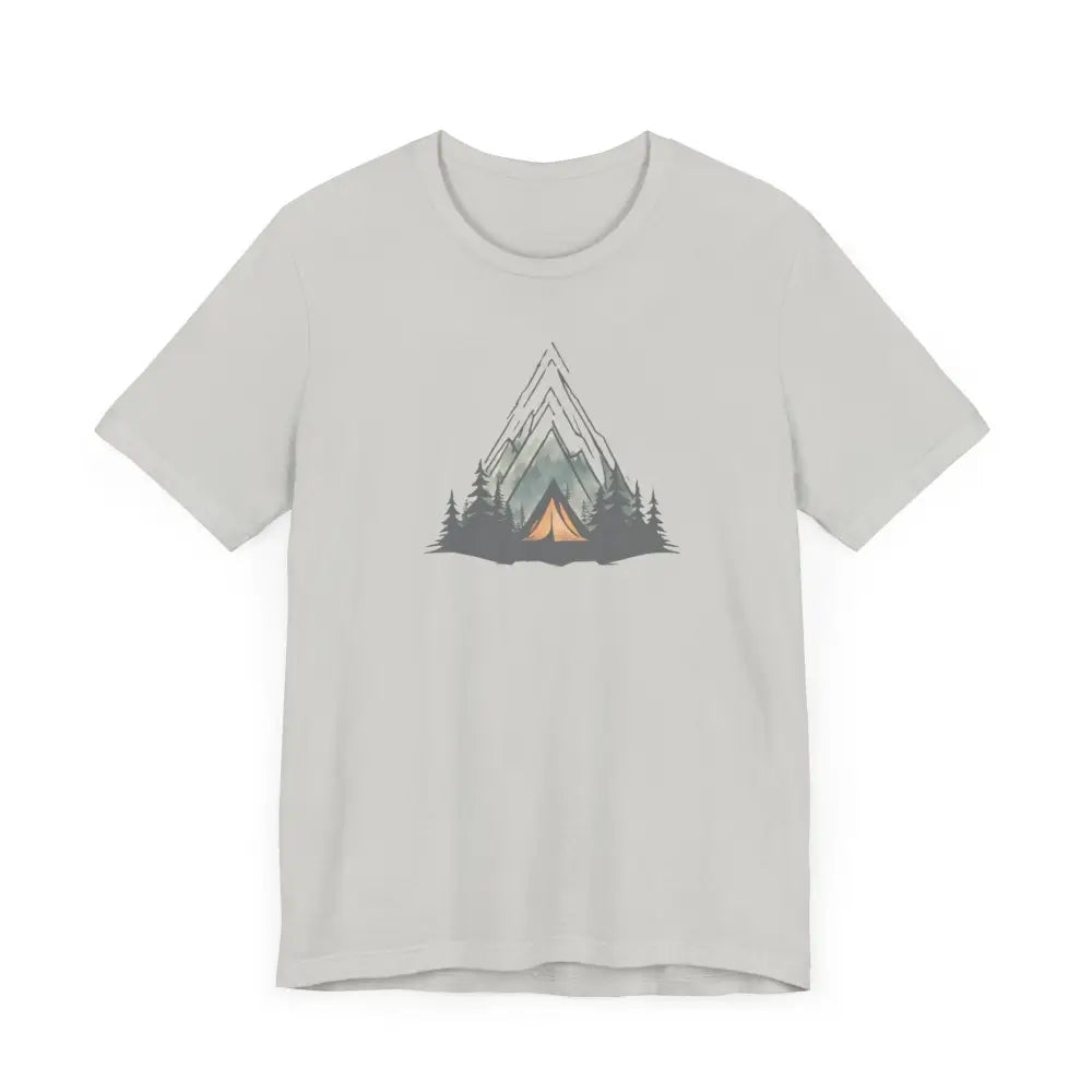 Light gray unisex jersey short sleeve tee with mountain and forest graphic