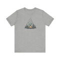 Grey unisex jersey short sleeve tee with mountain forest graphic