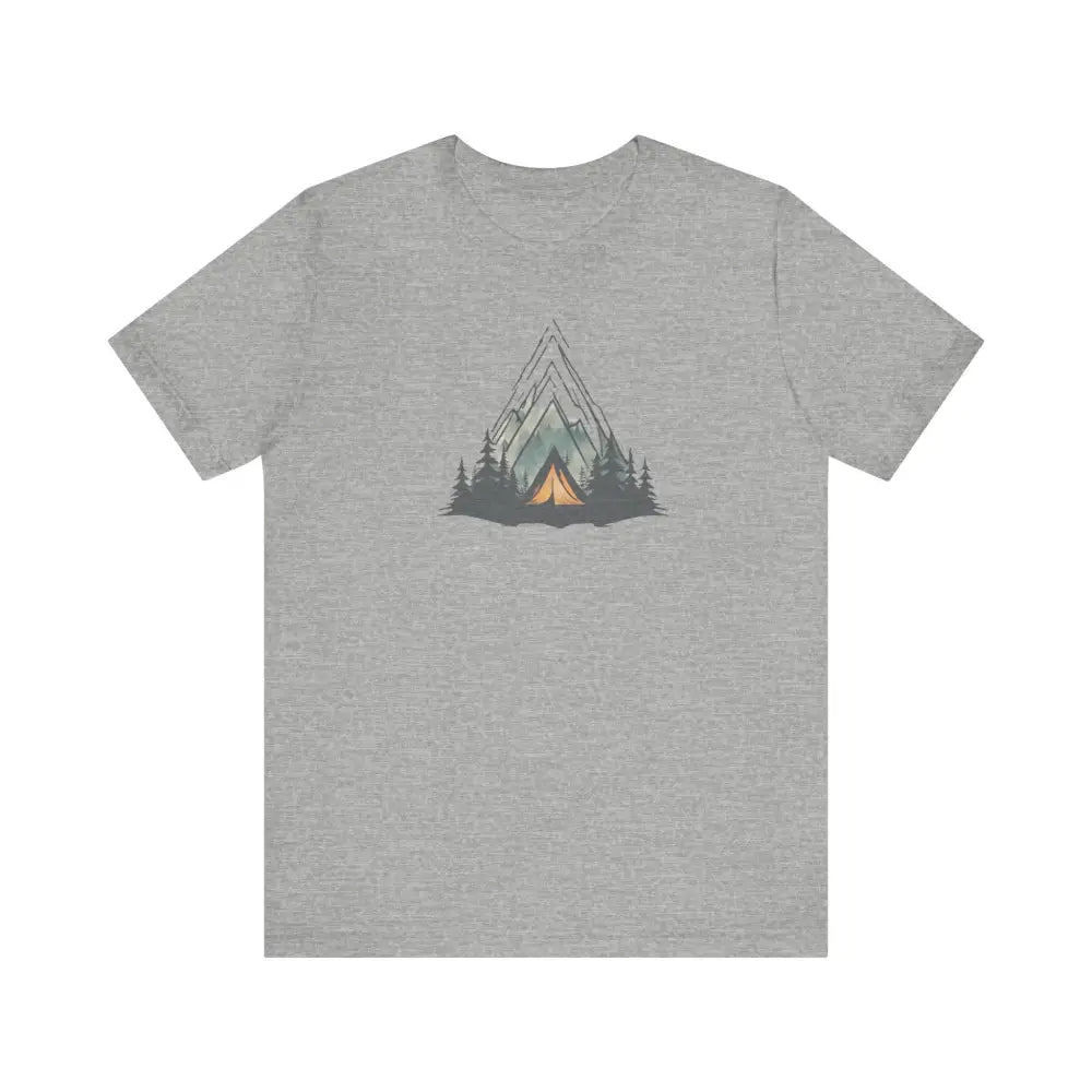 Grey unisex jersey short sleeve tee with mountain forest graphic