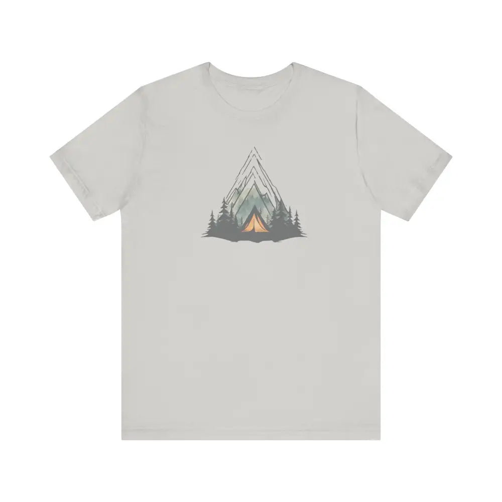 Light grey unisex jersey short sleeve tee with mountain forest camping graphic