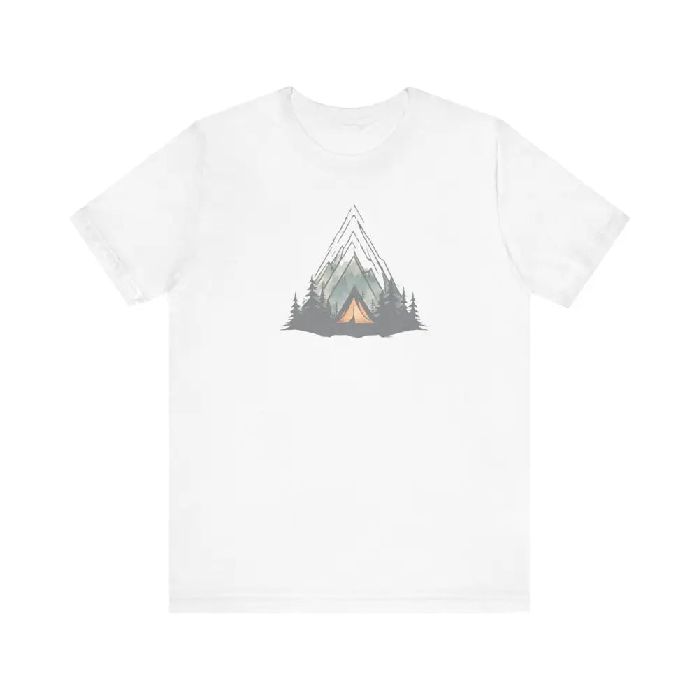 Unisex jersey short sleeve tee with mountain and camping tent graphic