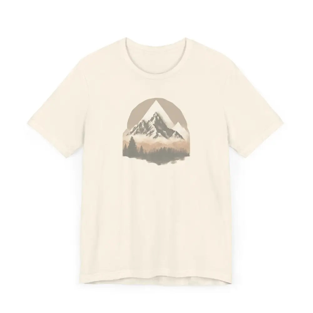 Cream-colored Mountain Escape graphic tee with mountain landscape