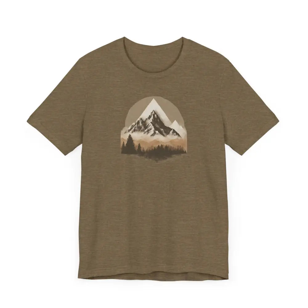 Mountain Escape unisex cotton tee with brown short-sleeve mountain forest graphic