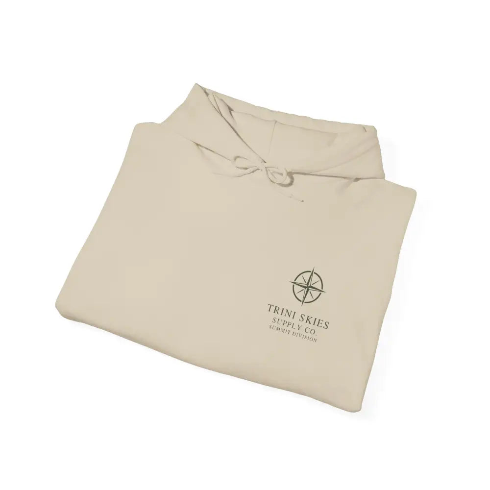 Folded durable olive green Trini Skies Supply hoodie with embroidered compass rose
