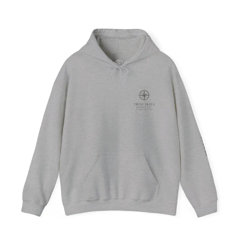 Trini Skies Supply Everest Hoodie in durable olive green with compass logo