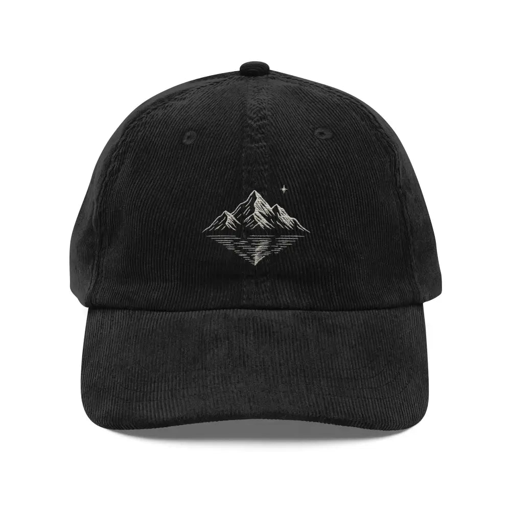 Black embroidered corduroy dad hat with mountain reflection and star