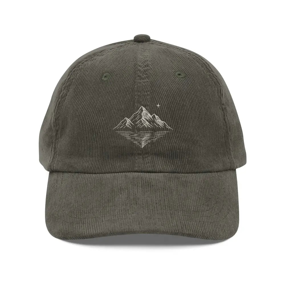 Dark green embroidered corduroy hat with mountain reflection design
