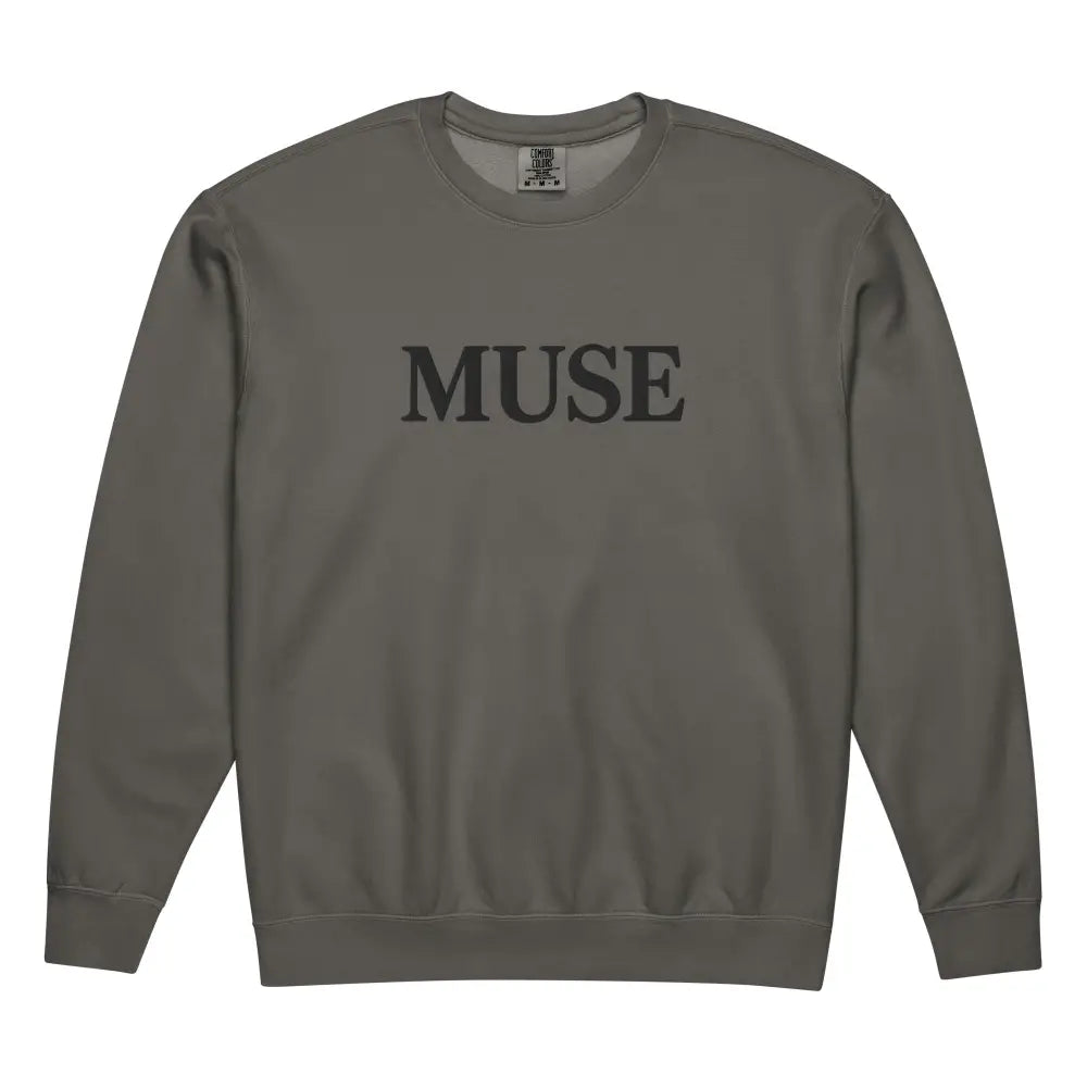 Olive green MUSE crewneck sweatshirt with tonal embroidered serif print