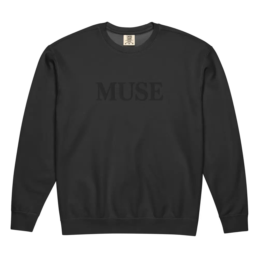 Black MUSE sweatshirt with tonal embroidered serif lettering and ribbed details
