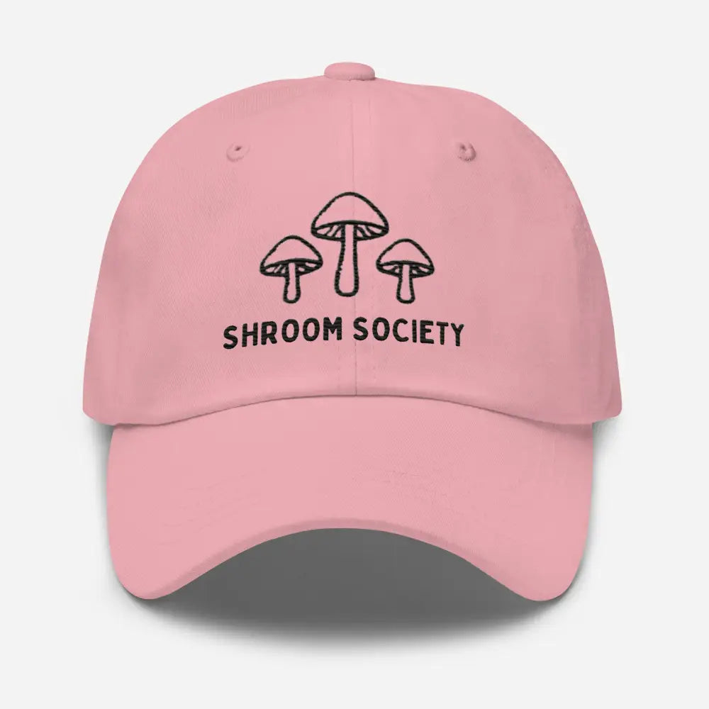 Pink embroidered Shroom Society mushroom cotton twill hat – adjustable nature cap for women