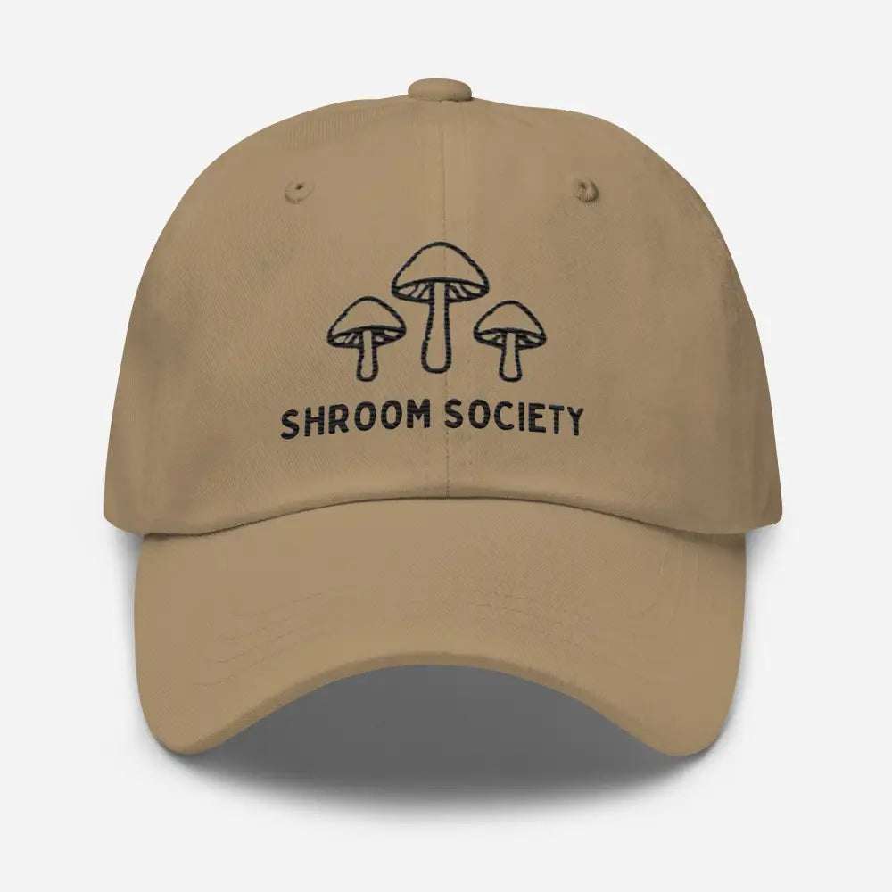 Tan embroidered Shroom Society mushroom dad hat – adjustable cotton twill nature cap