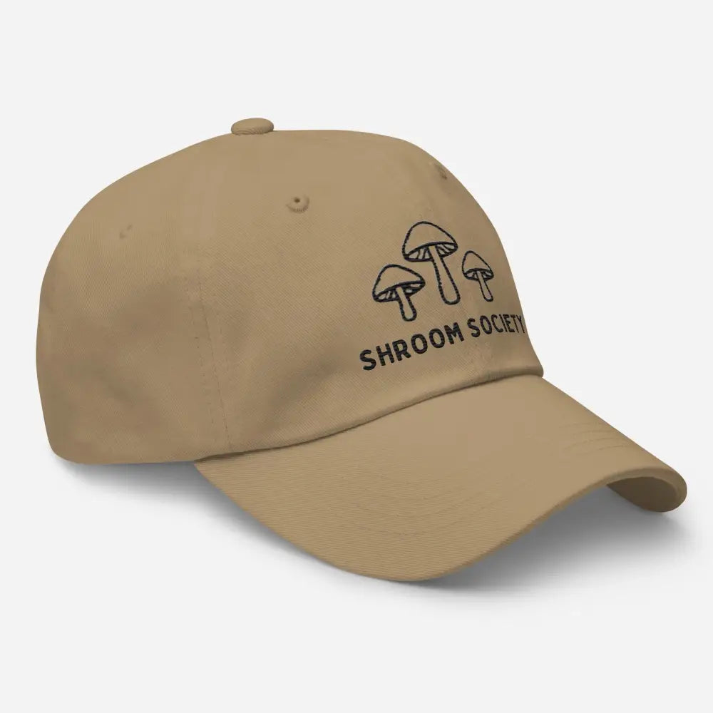 Khaki embroidered Shroom Society mushroom hat side view – adjustable cotton twill cap