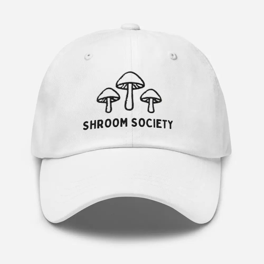 White embroidered Shroom Society mushroom dad hat – adjustable cotton twill nature cap