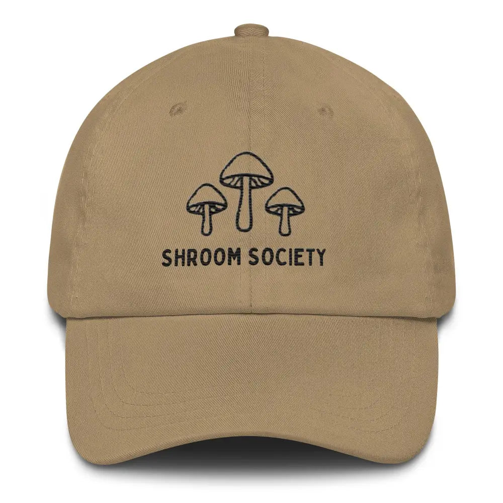 Khaki embroidered Shroom Society mushroom cotton twill dad hat – adjustable nature cap