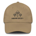 Khaki embroidered Shroom Society mushroom cotton twill dad hat – adjustable nature cap