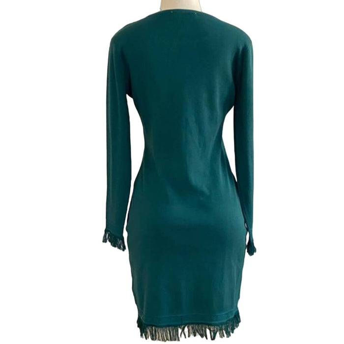 Nanette Lepore Medium / Green NANETTE LEPORE Luciana Knit Fringe Trim Sweater Dress Size M Night Garden *ND14