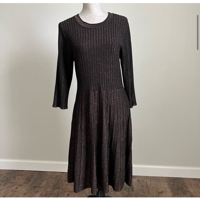 Nanette Lepore XL / Brown Nanette Lepore Lurex Metallic Pleated Knit Midi Dress Chocolate Sz XL * ND06