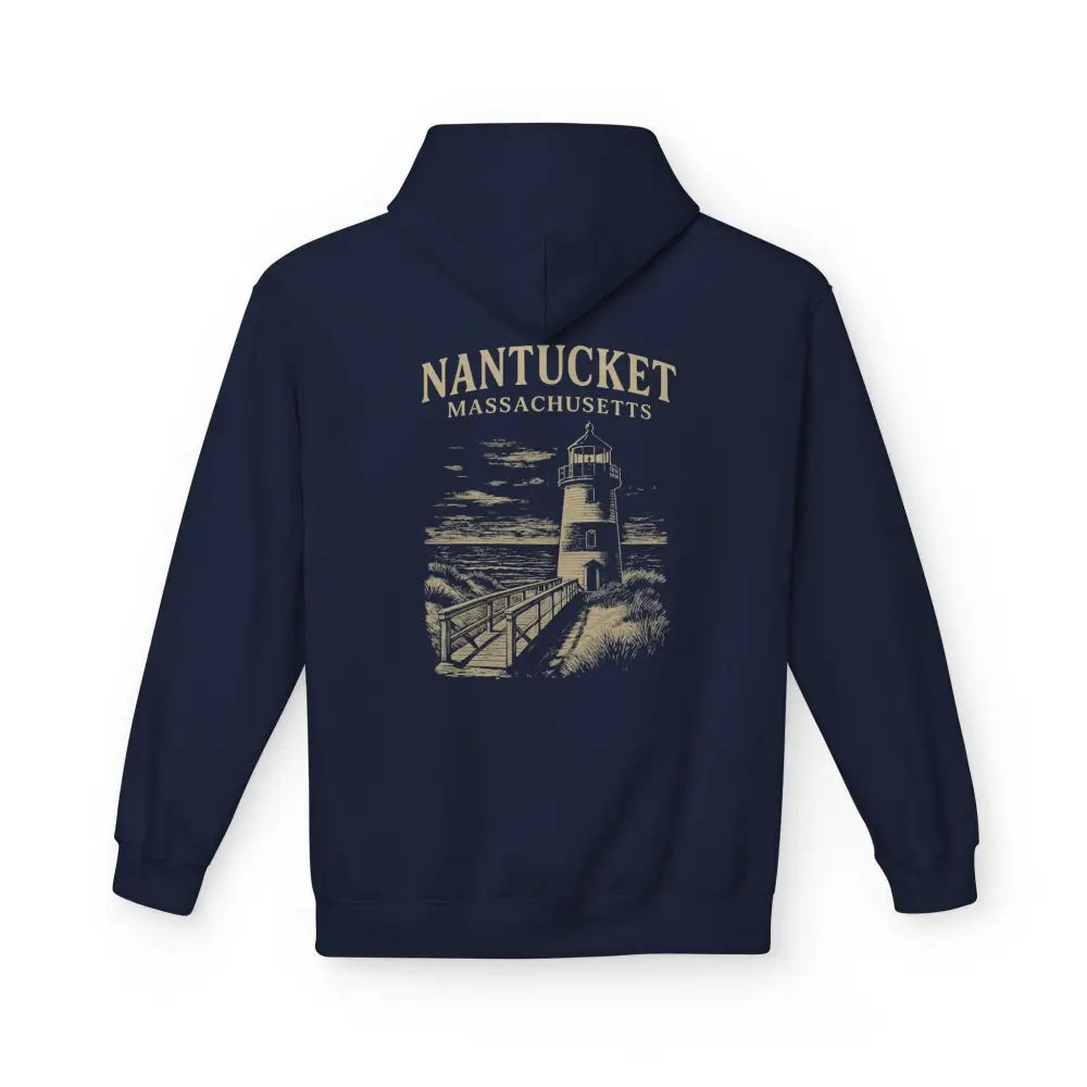 Nantucket boardwalk hoodie with vintage lighthouse illustration