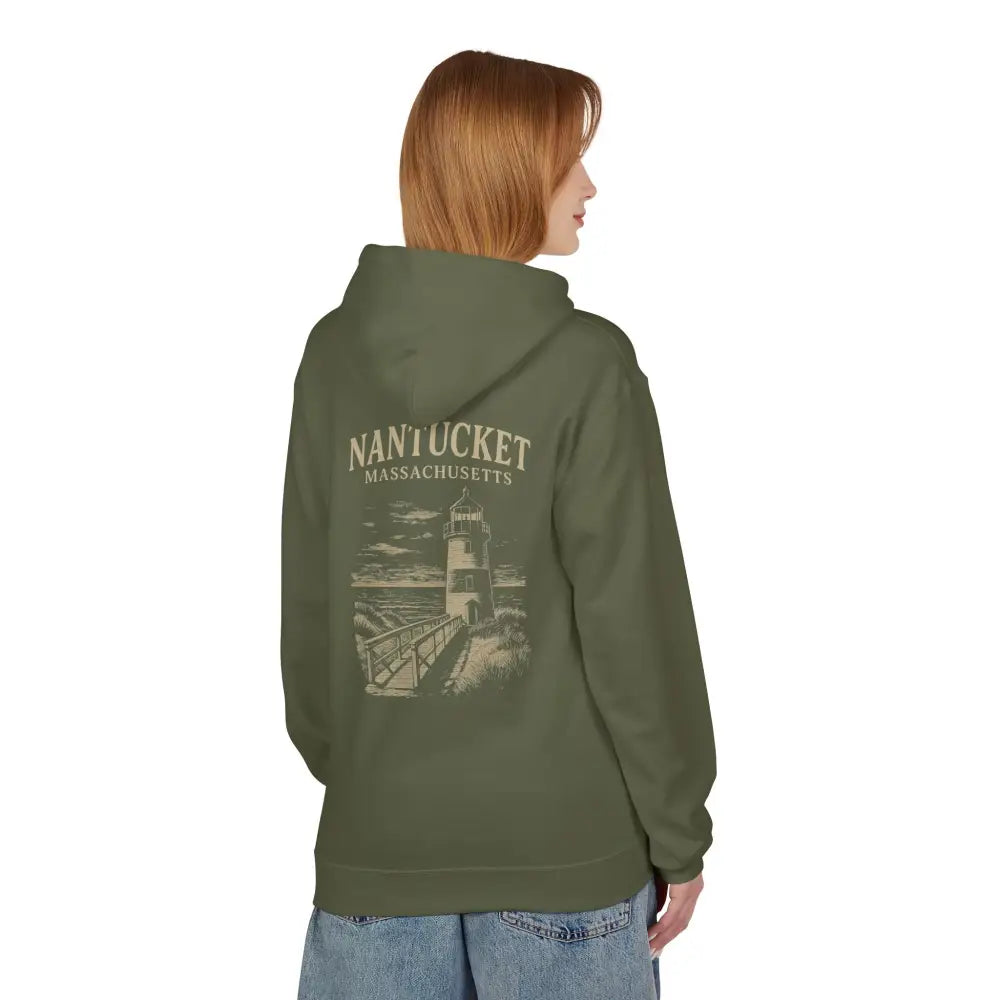 Nantucket boardwalk hoodie with vintage olive green lighthouse print