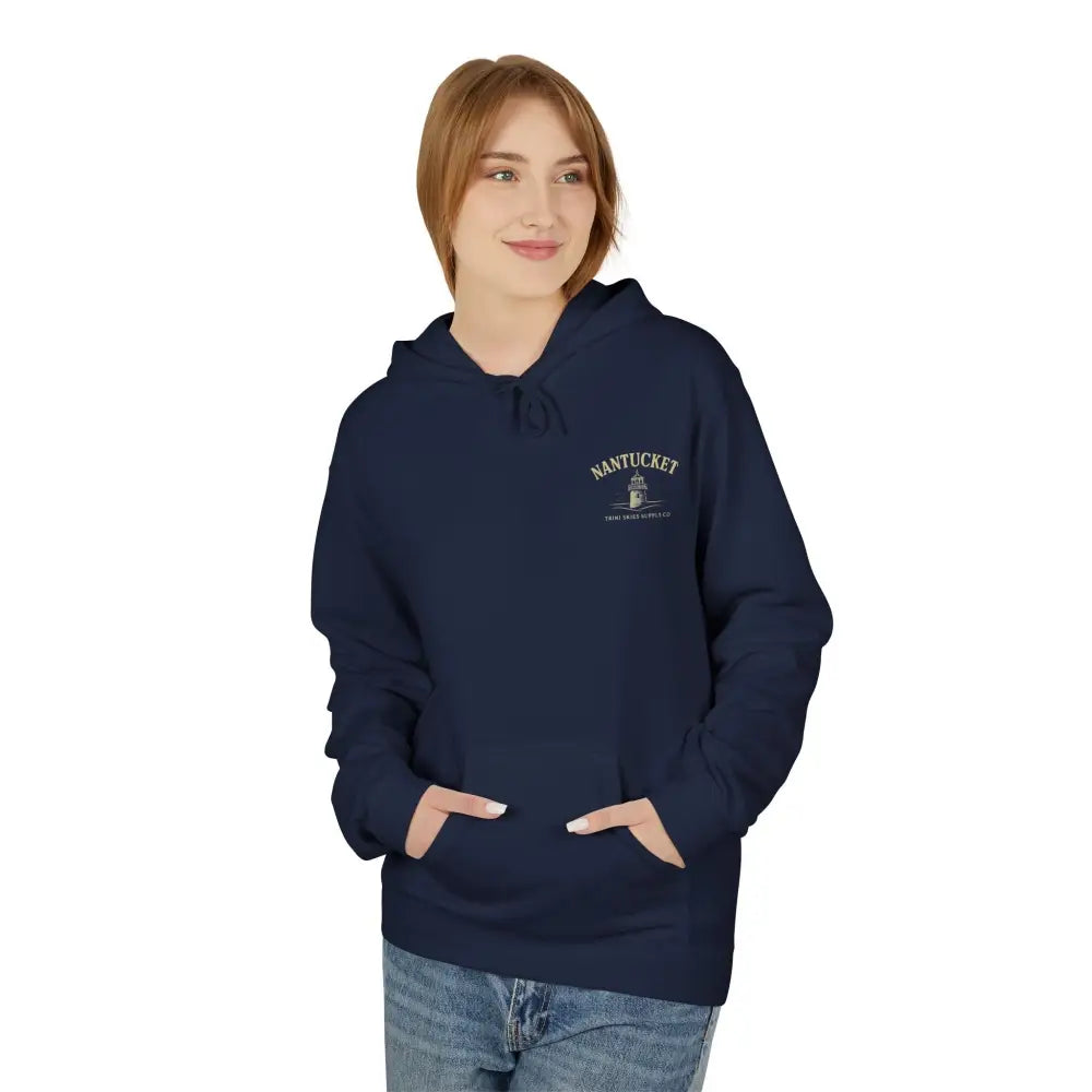 Nantucket boardwalk hoodie in navy with gold embroidered lighthouse logo