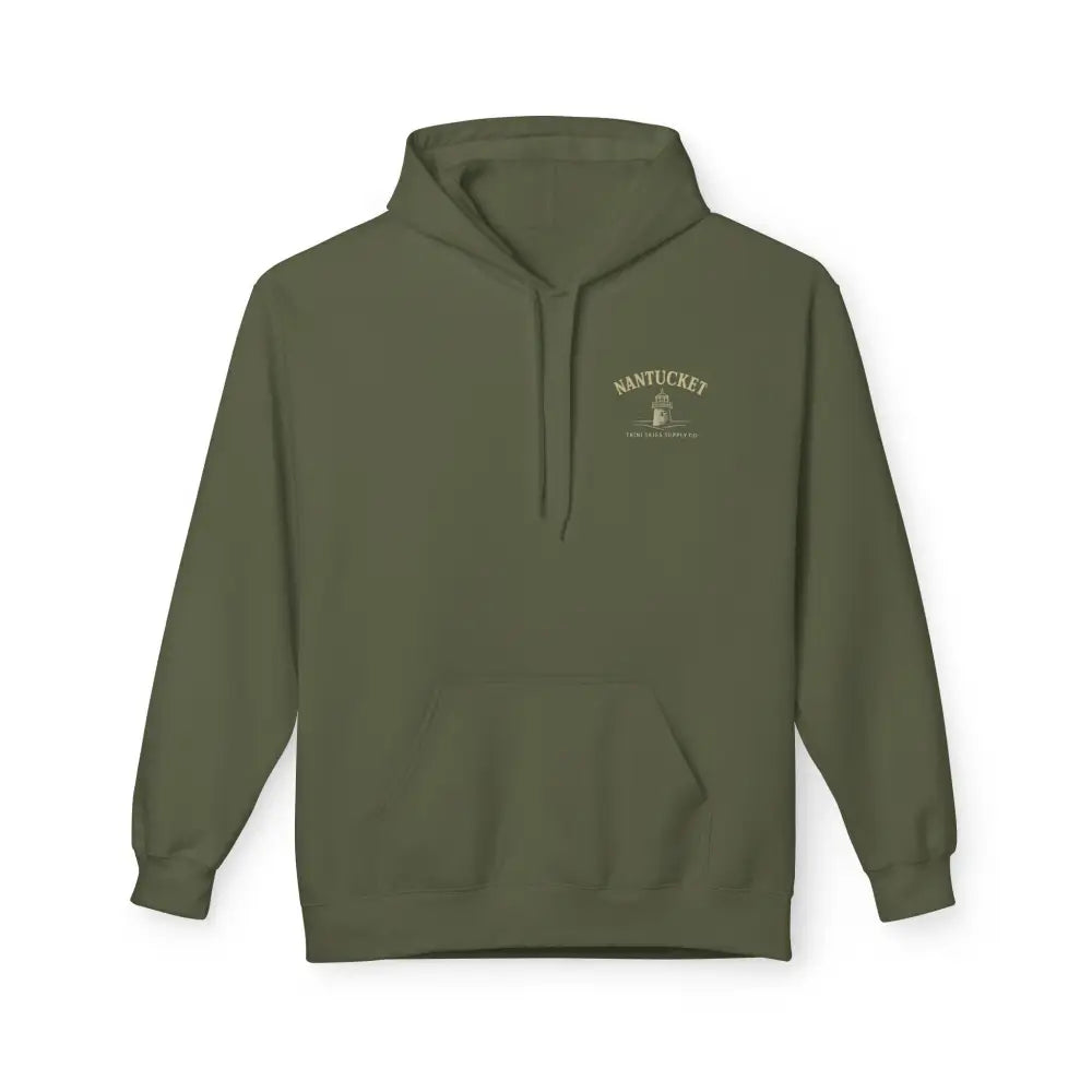 Olive green Nantucket boardwalk hoodie with embroidered Nantucket logo