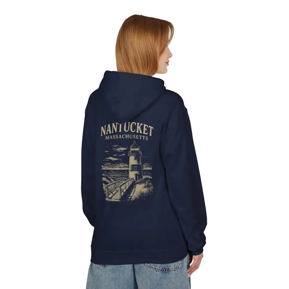 Nantucket boardwalk hoodie with vintage lighthouse and Nantucket text