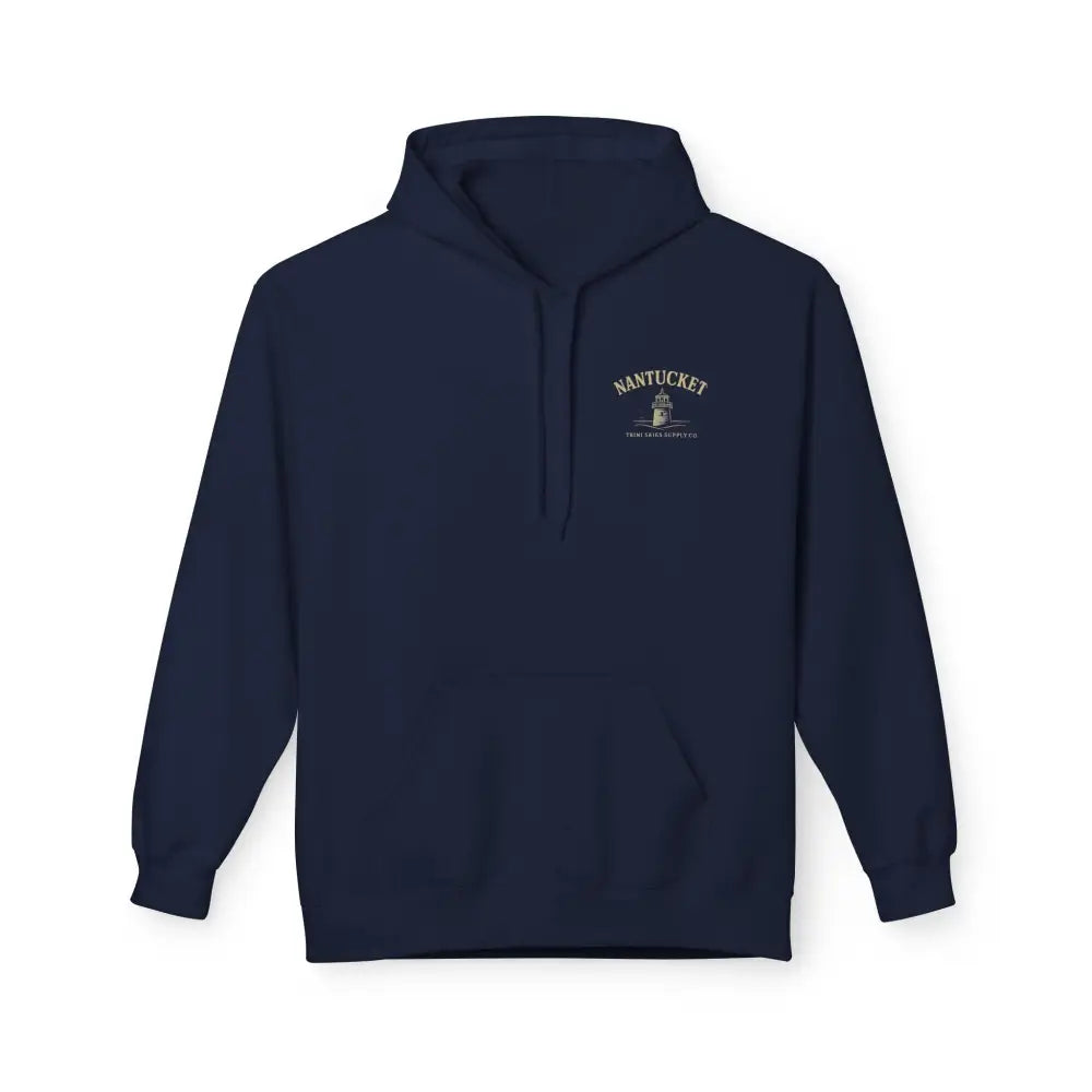 Nantucket boardwalk hoodie in navy blue with embroidered lighthouse logo