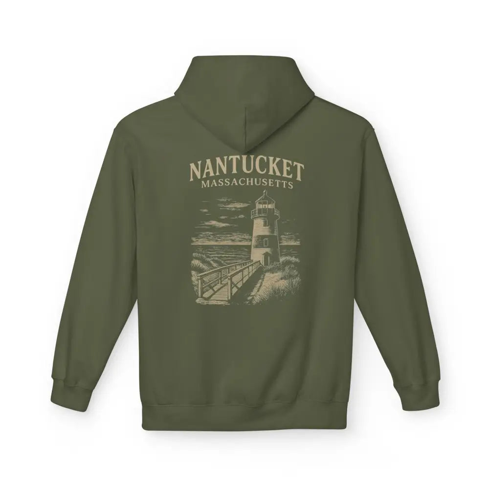 Olive green Nantucket boardwalk hoodie with vintage lighthouse print