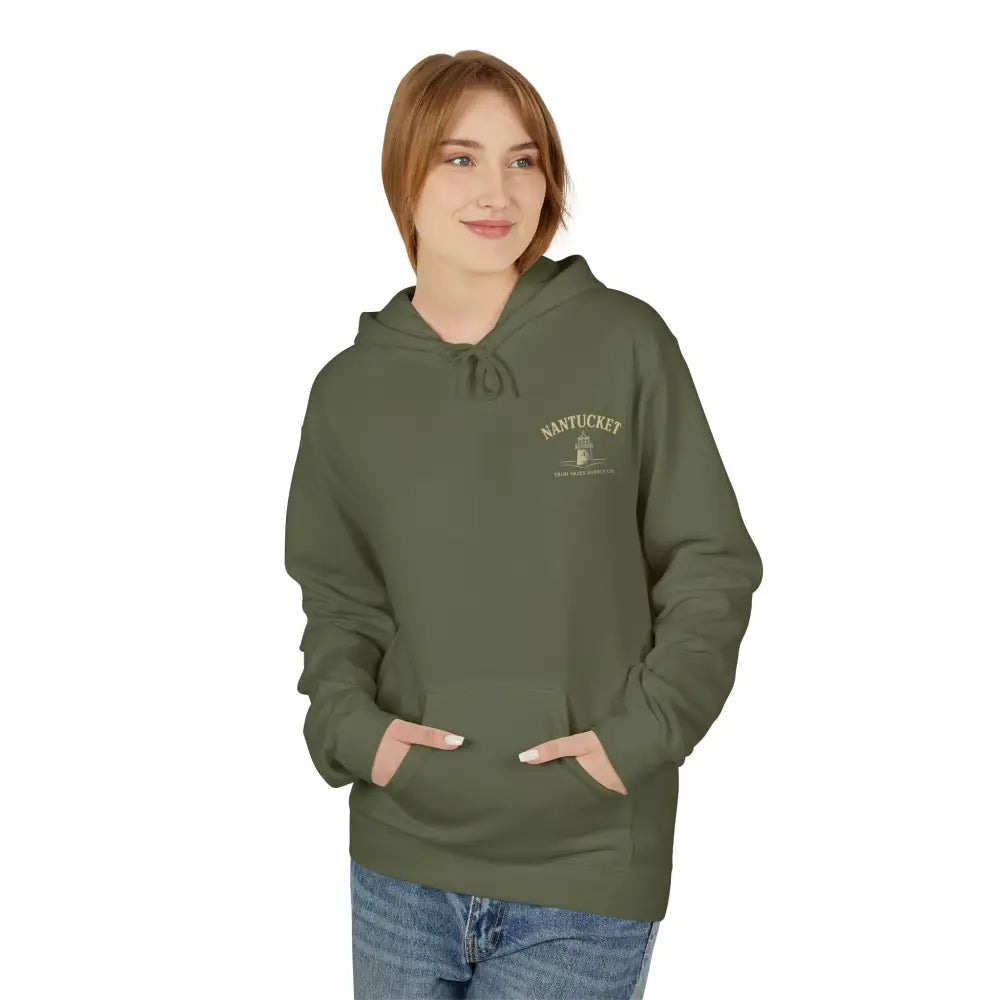 Olive green Nantucket boardwalk hoodie with subtle embroidered logo and timeless coastal charm