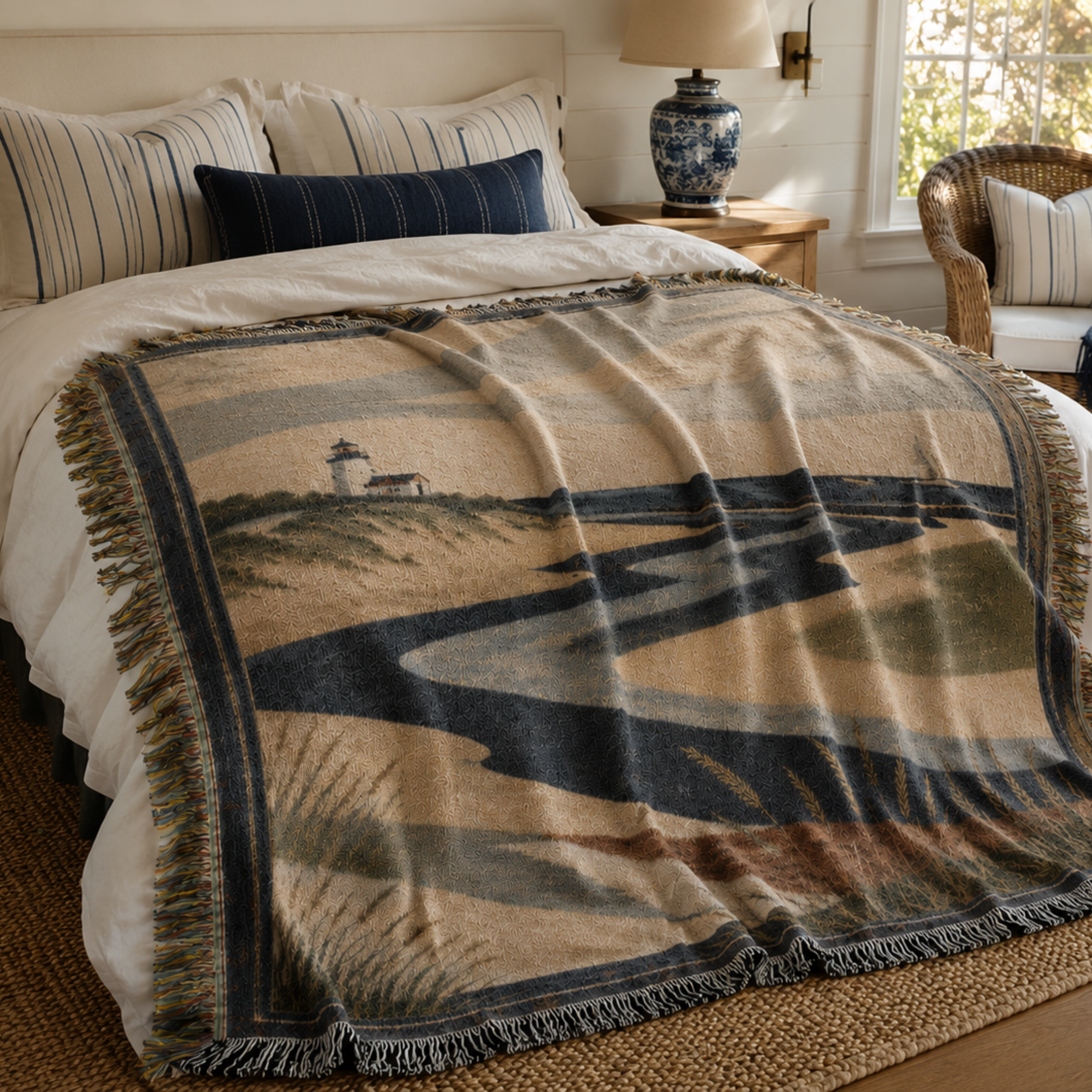 Nantucket Tidal woven cotton throw layered on a made bed in a coastal bedroom, navy and sand tidal design — Trini Skies