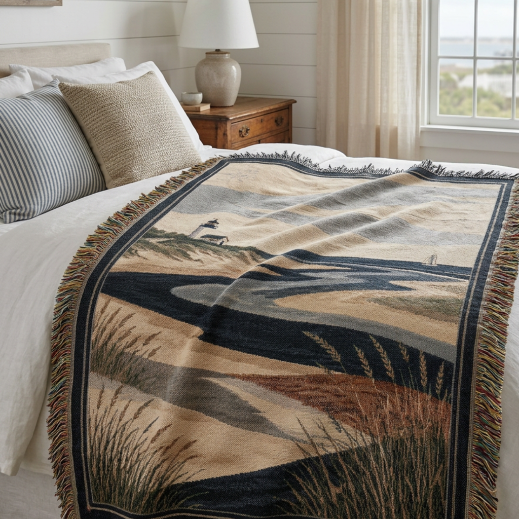 Nantucket Tidal woven cotton throw blanket draped on a bed in a bright coastal bedroom, navy and sand tidal scene with lighthouse — Trini Skies