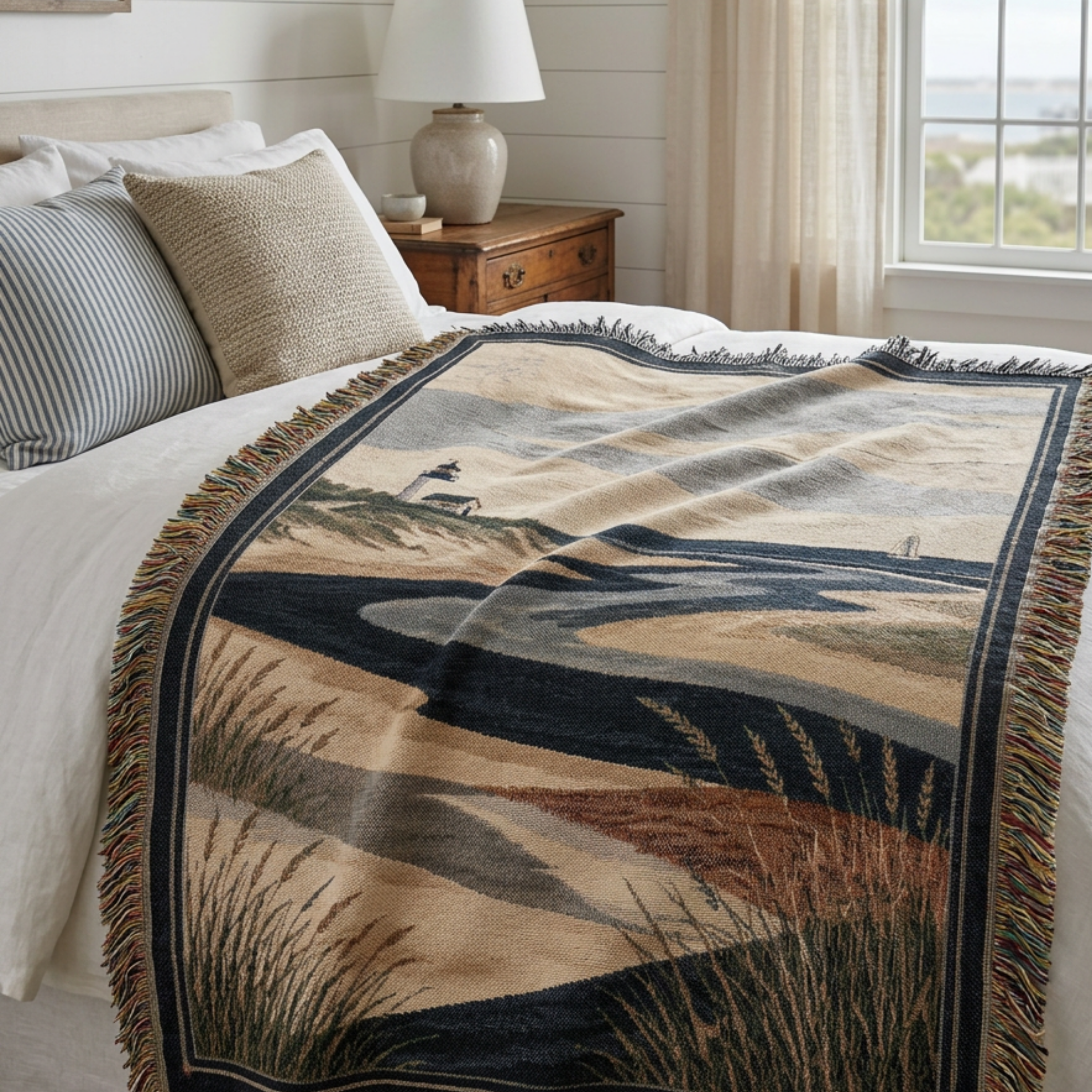 Nantucket Tidal woven cotton throw blanket draped on a bed in a bright coastal bedroom, navy and sand tidal scene with lighthouse — Trini Skies