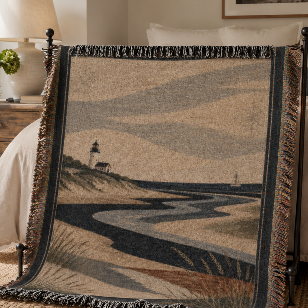 Nantucket Tidal woven throw folded on a blanket rack, coastal nautical heirloom design — Trini Skies