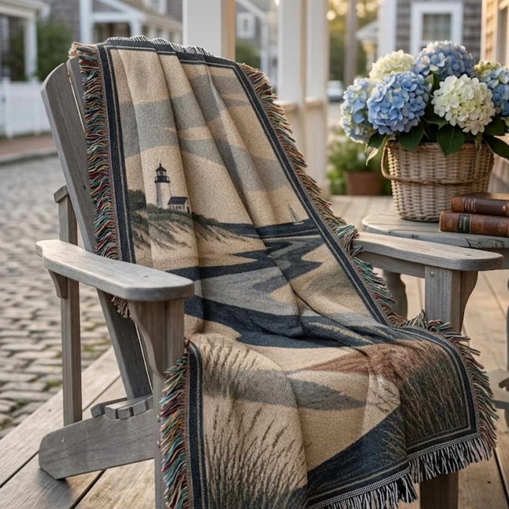 Nantucket Tidal woven cotton throw over a chair on a coastal porch, lighthouse and sea grass tidal design — Trini Skies