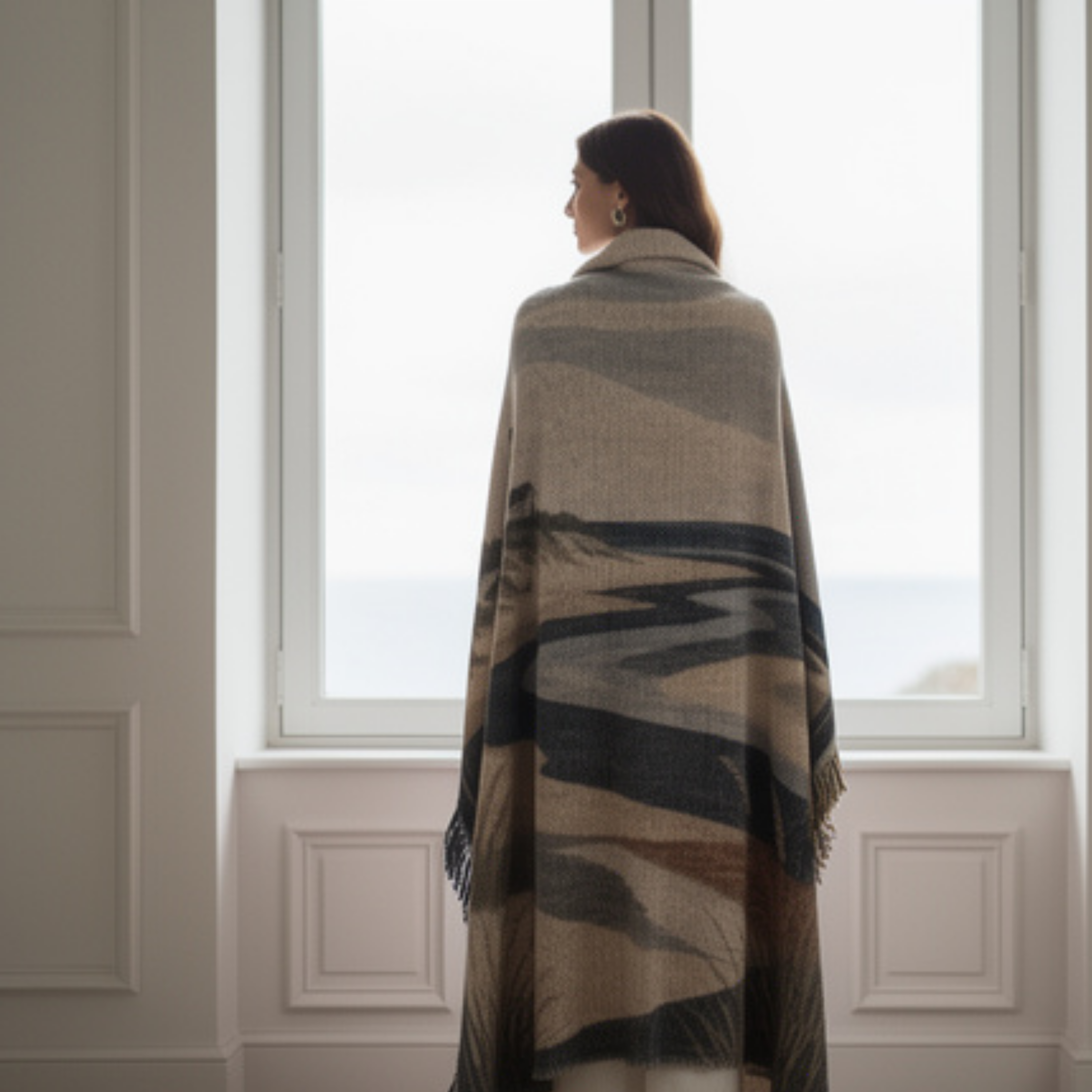 Nantucket Tidal woven throw styled in a white coastal living room, nautical design in Atlantic navy and bleached sand — Trini Skies