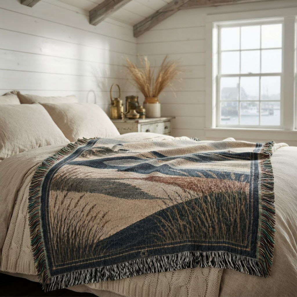 Nantucket Tidal woven throw blanket by the water, navy and sea-glass nautical tidal scene — Trini Skies