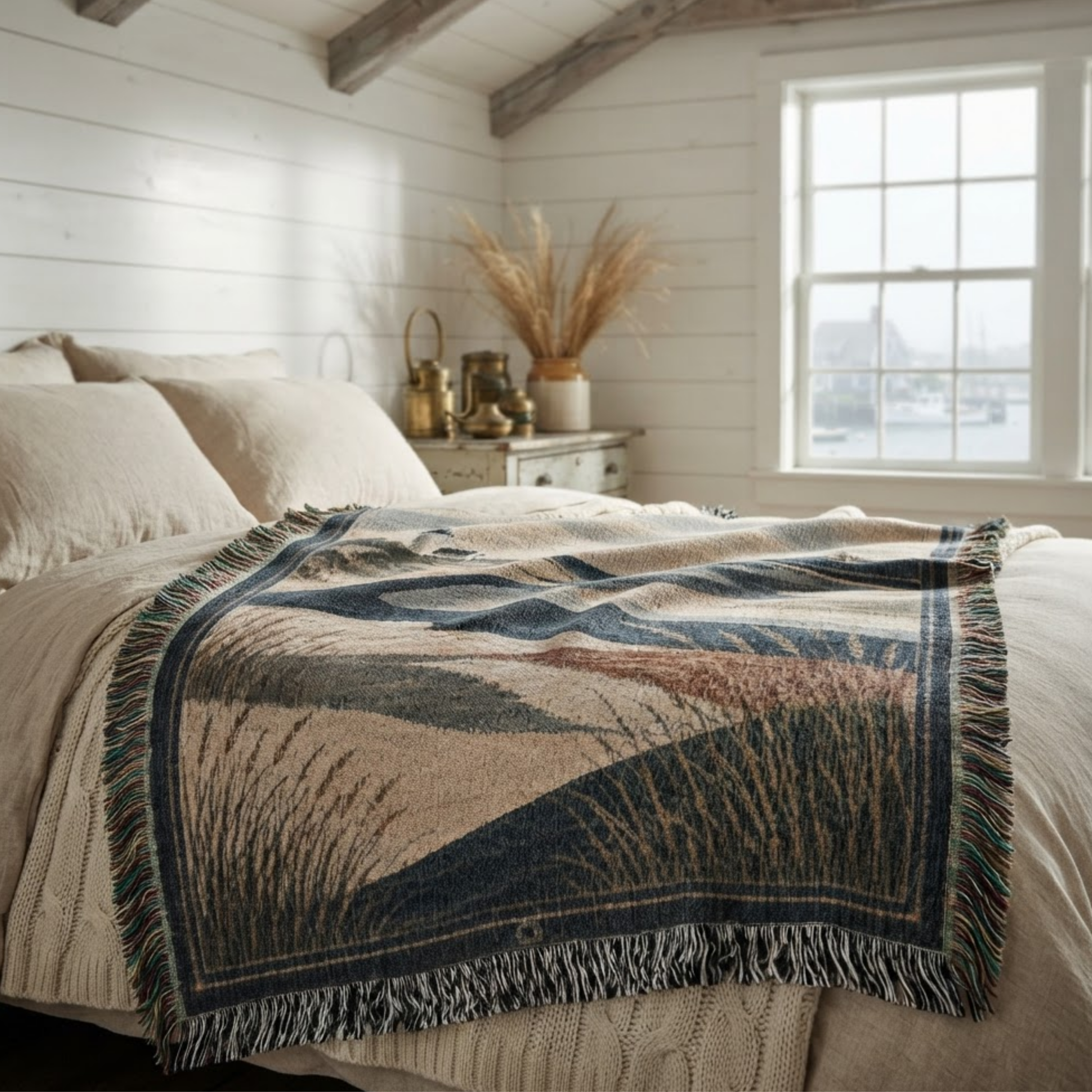Nantucket Tidal woven throw blanket by the water, navy and sea-glass nautical tidal scene — Trini Skies