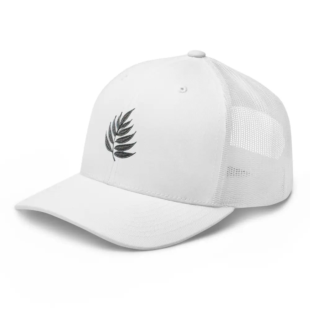 White embroidered botanical leaf trucker hat side view – nature mesh back cap