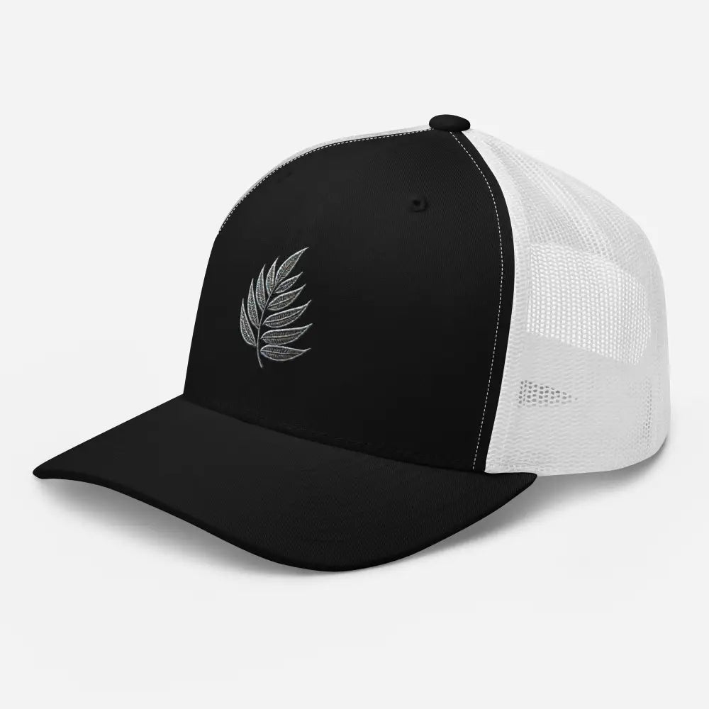 Black white embroidered botanical leaf trucker cap – nature mesh back adjustable hat