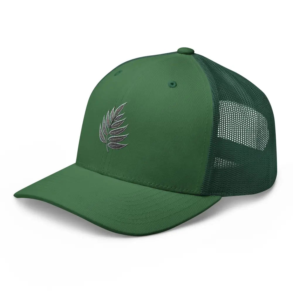 Dark green embroidered botanical leaf nature trucker hat – mesh back adjustable cap