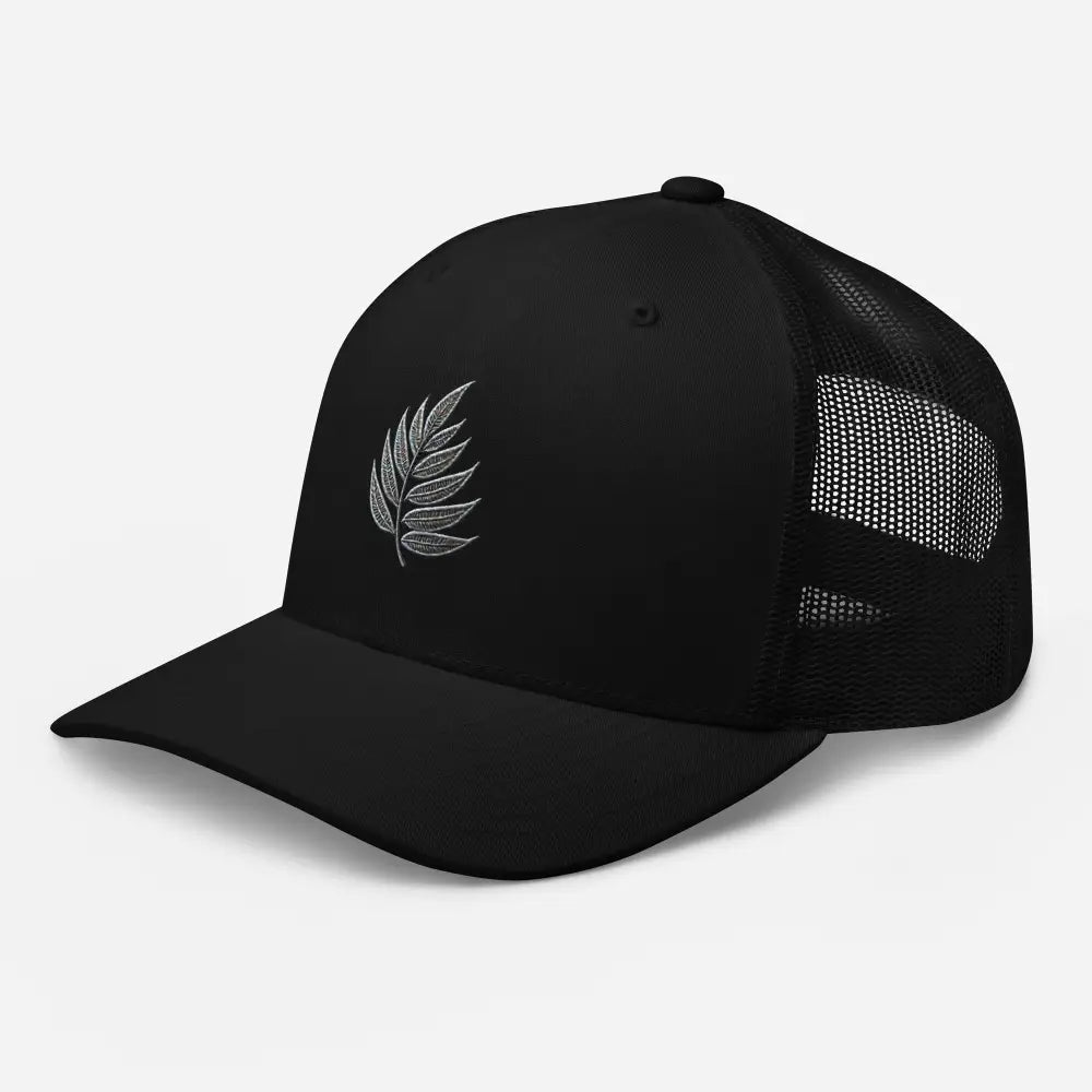 Black embroidered botanical leaf nature trucker hat – mesh back adjustable outdoor cap