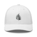 White embroidered botanical leaf nature trucker hat – mesh back adjustable outdoor cap