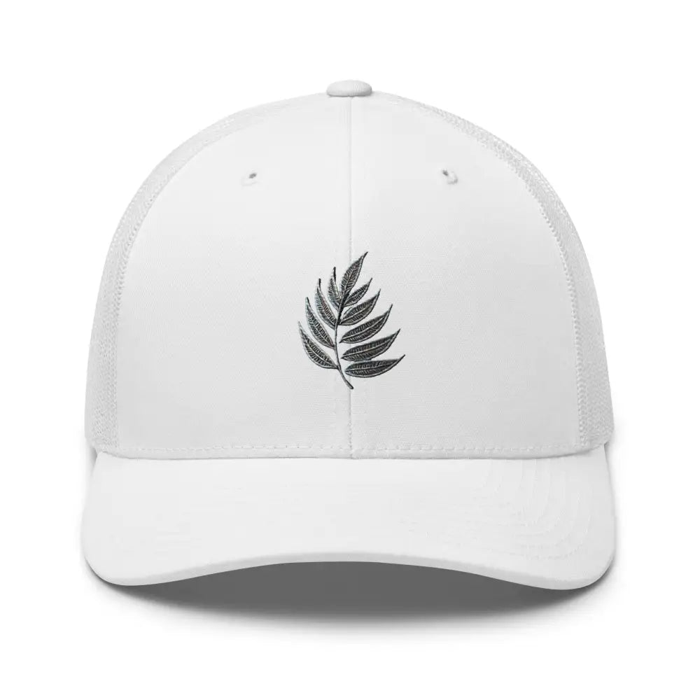 White embroidered botanical leaf nature trucker hat – mesh back adjustable outdoor cap