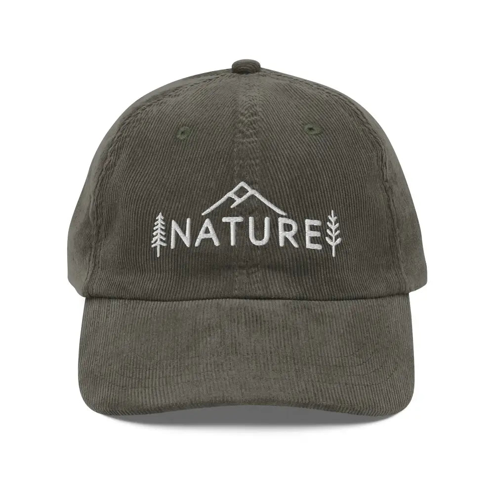 Vintage corduroy adjustable embroidered cap with mountain tree design