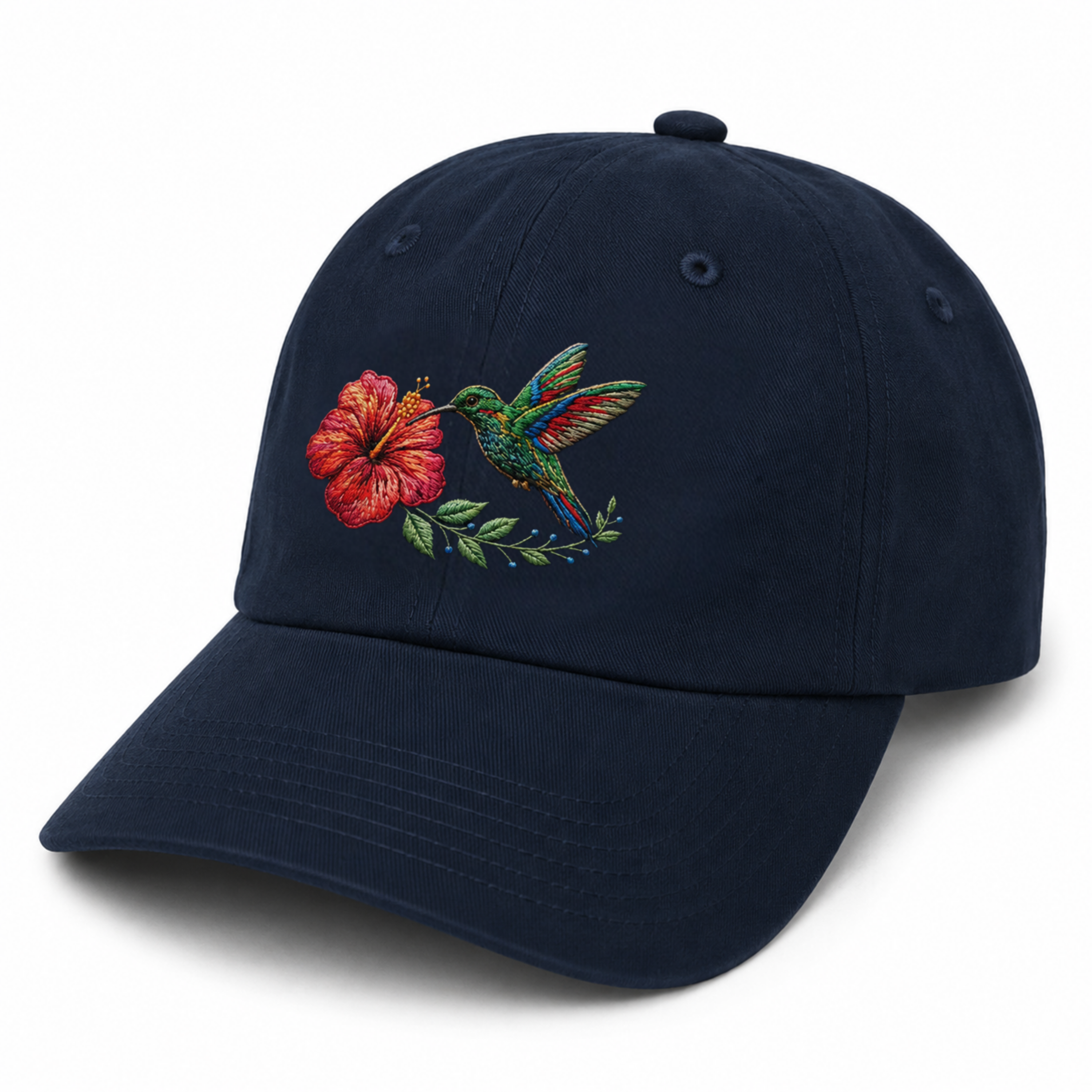 Navy hummingbird embroidered hat tropical floral island cap front view