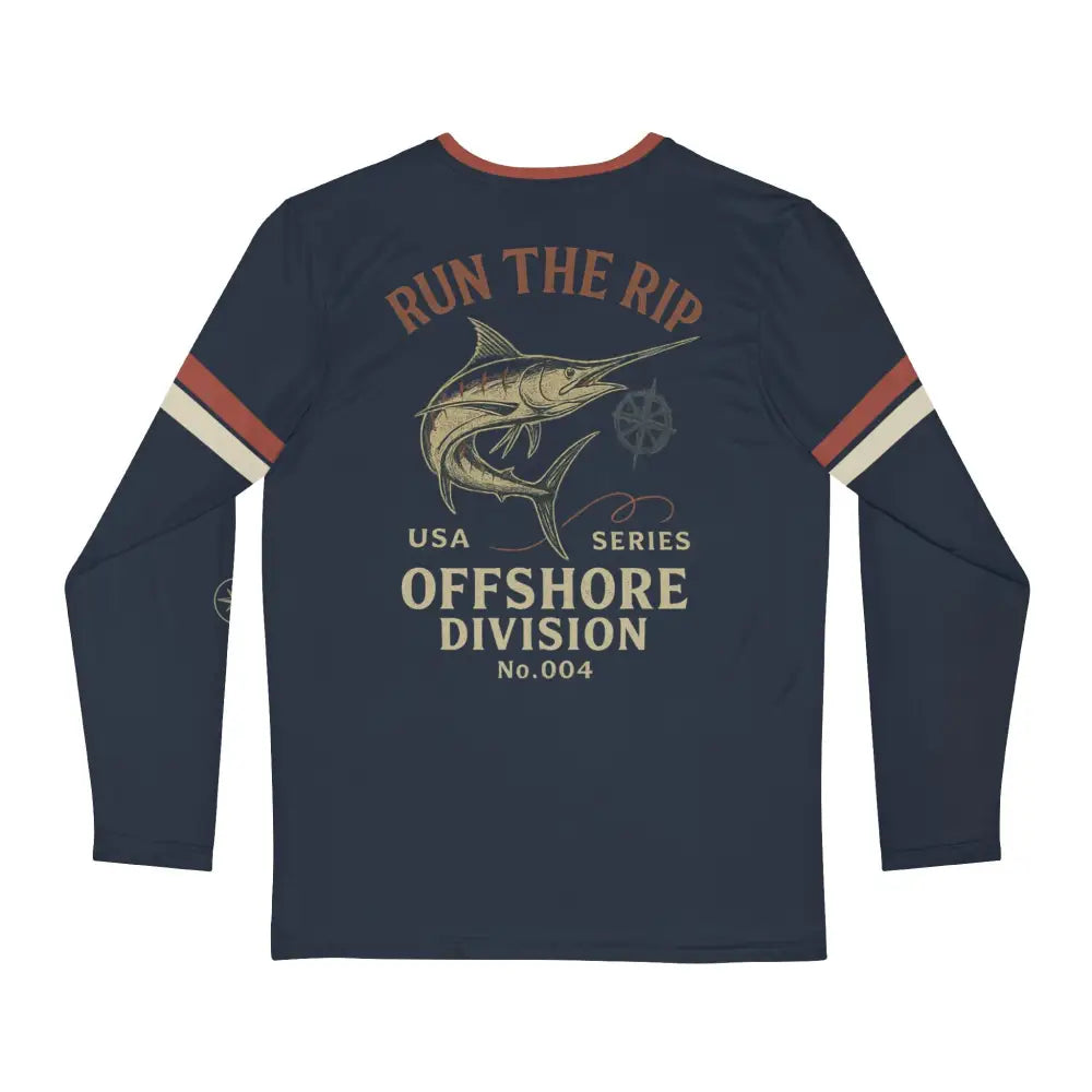 Dark blue Run The Rip offshore fishing shirt with marlin graphic